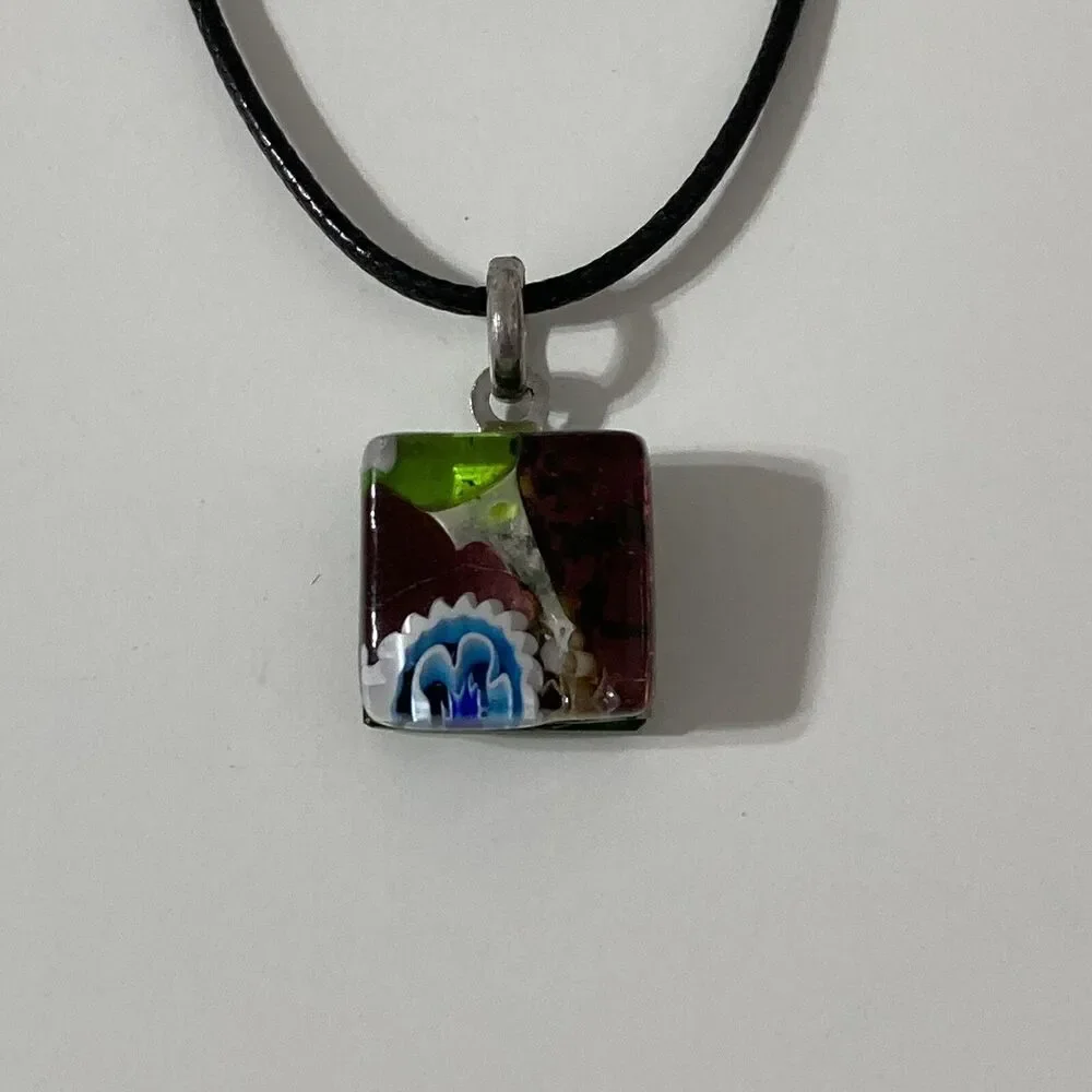 Artisan Murano Style Square Cut Glass Pendant Necklace Corded Purple Green